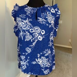 Kaari Blue Ruffled Sleeveless Blouse in Blue and White